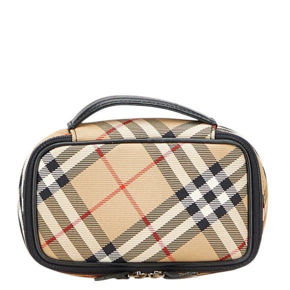 Burberry Nova Check Pouch in Beige, Black, and Red Canvas Leather for Women. - Picture 1 of 9
